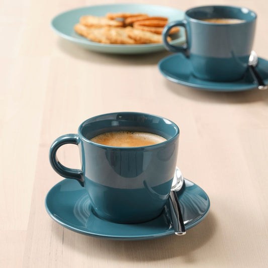 FÄRGKLAR Cup with saucer, dk turquoise, 25 cl