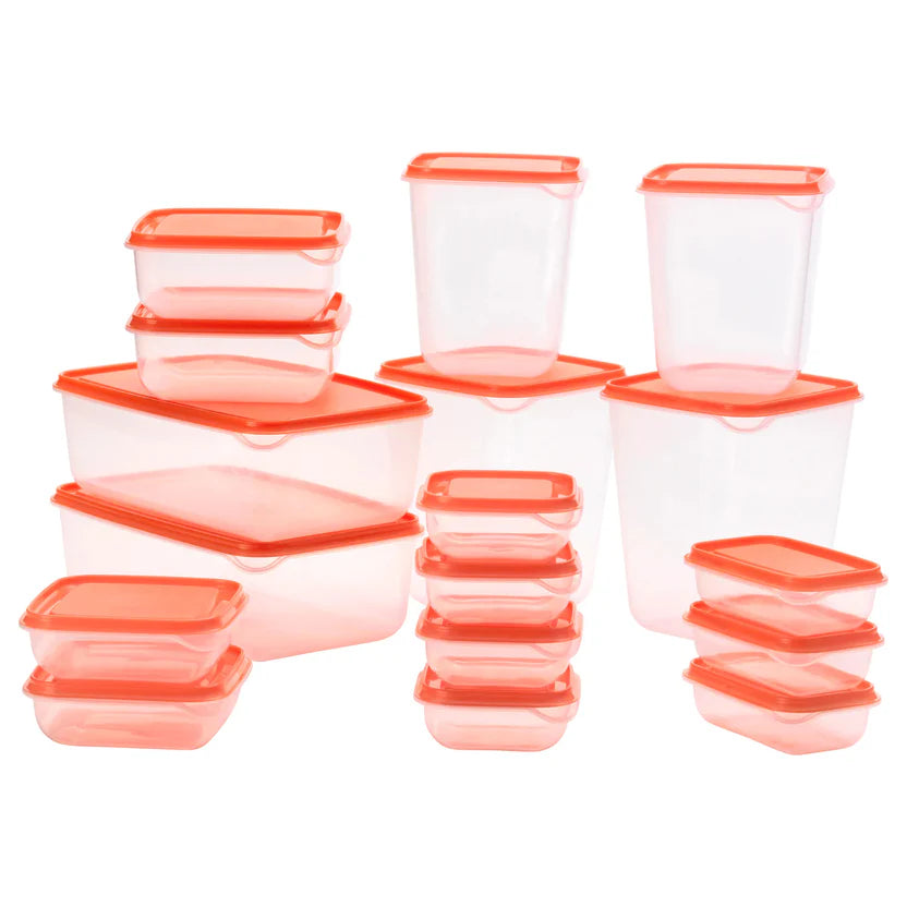 PRUTA Food container with lid, set of 17,  Orange